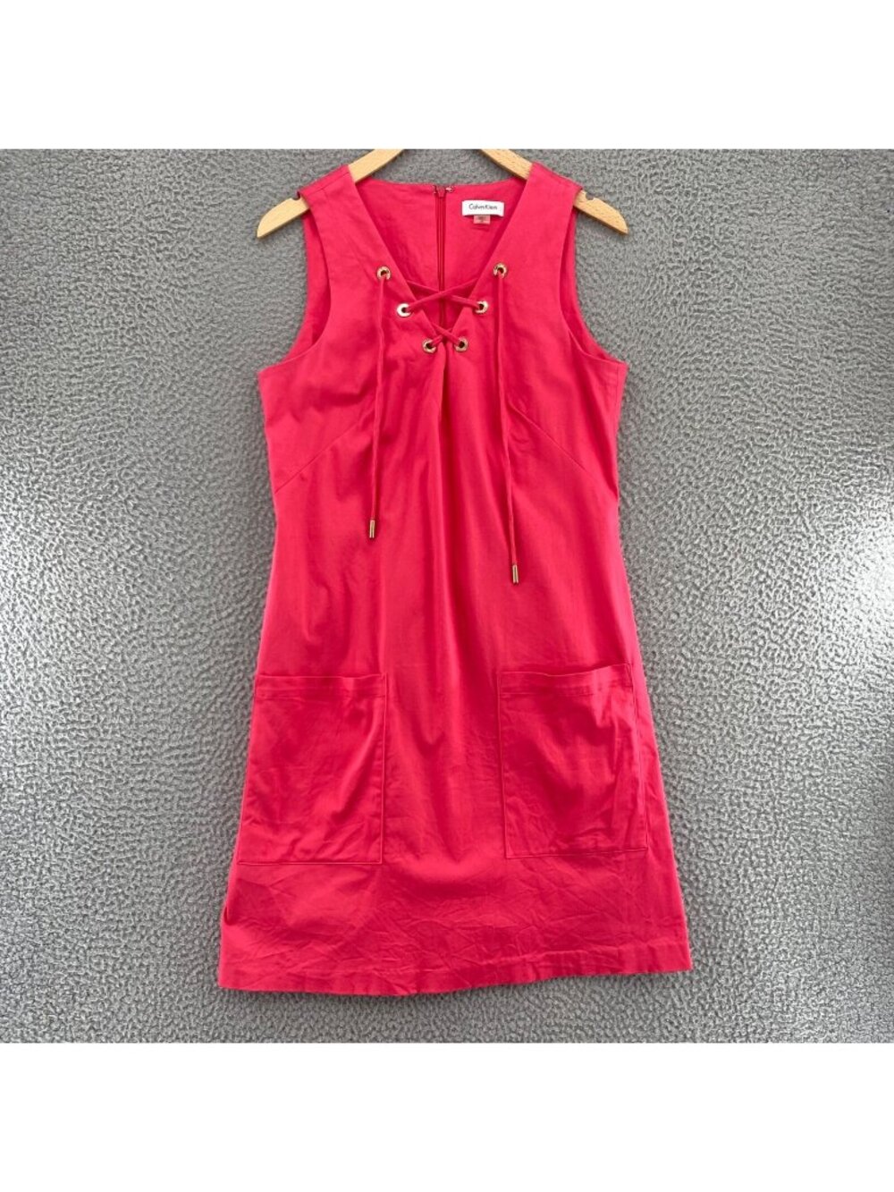 Calvin Klein Dress Women 10 Pink Shift Lace Up V Neck Cotton Stretch Mini Pocket